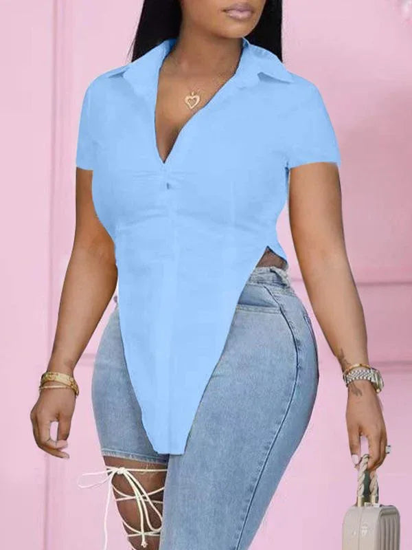 Women's Solid High-Low Slit Hem Casual Shirt