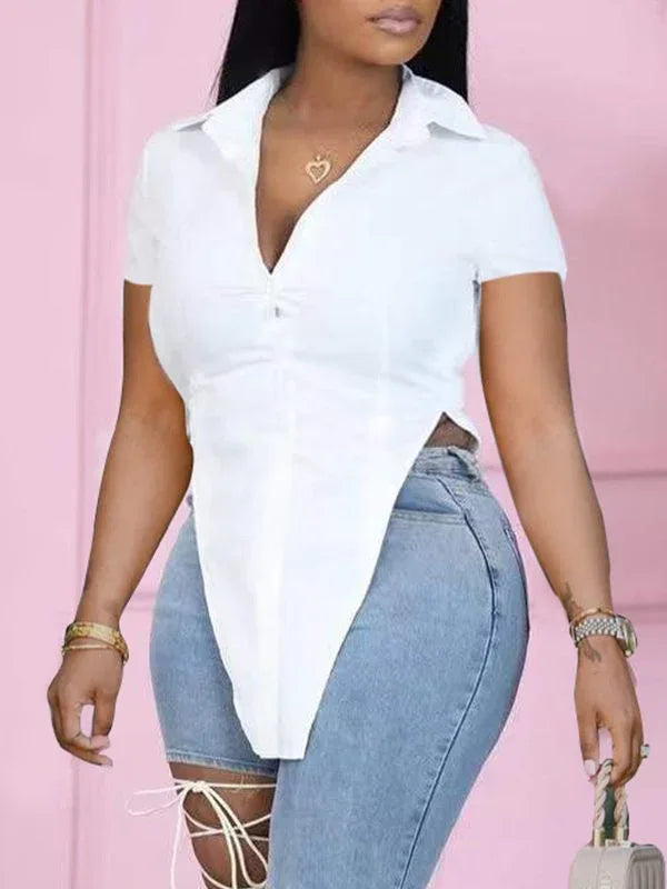 Women's Solid High-Low Slit Hem Casual Shirt