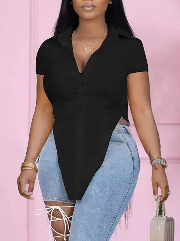 Women's Solid High-Low Slit Hem Casual Shirt