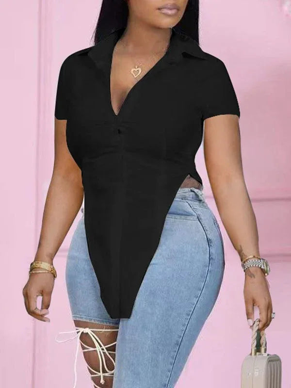 Women's Solid High-Low Slit Hem Casual Shirt