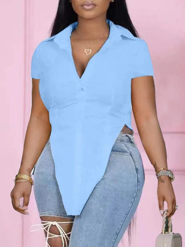 Women's Solid High-Low Slit Hem Casual Shirt