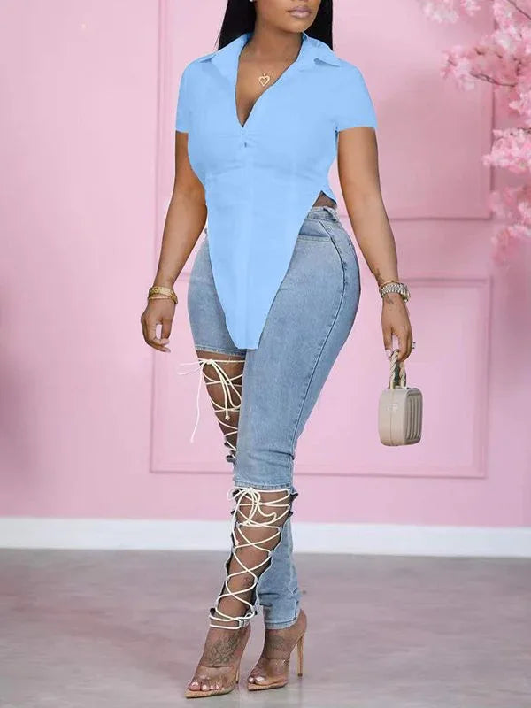 Women's Solid High-Low Slit Hem Casual Shirt