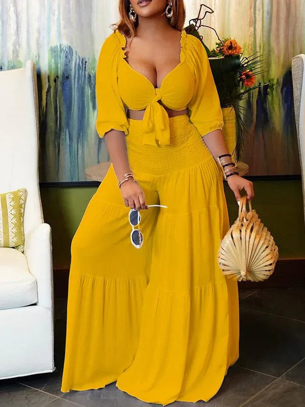 Women's Tied Front Crop Top & Flowy Wide-Leg Pants Set
