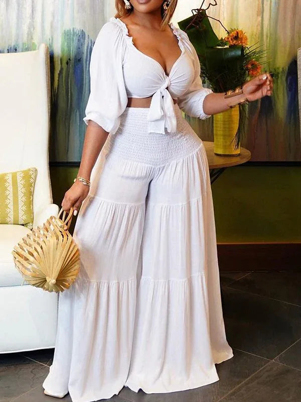 Women's Tied Front Crop Top & Flowy Wide-Leg Pants Set