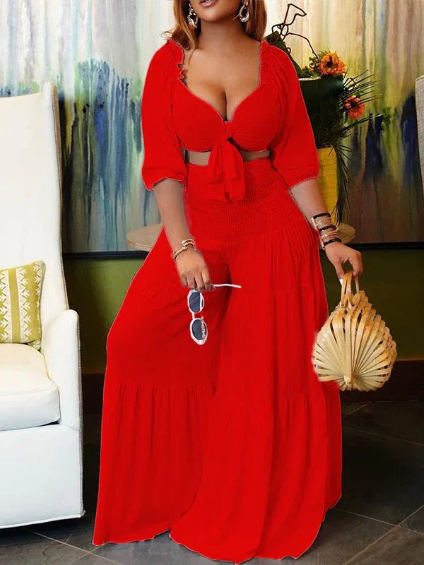 Women's Tied Front Crop Top & Flowy Wide-Leg Pants Set