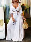 Women's Tied Front Crop Top & Flowy Wide-Leg Pants Set