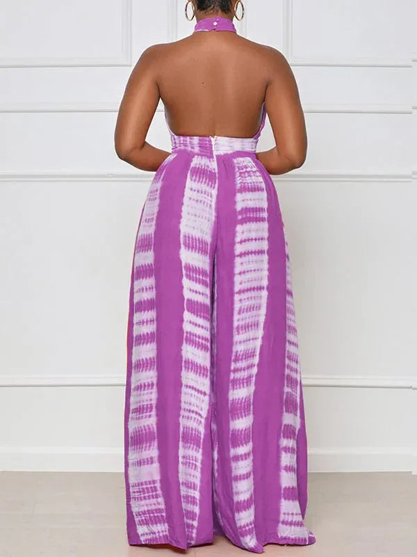 Women's Printed Halter Neck Sleeveless Wide-Leg Jumpsuit