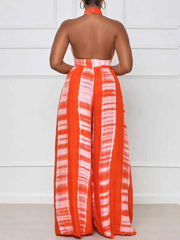 Women's Printed Halter Neck Sleeveless Wide-Leg Jumpsuit