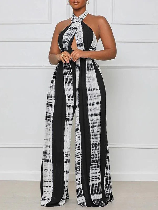 Women's Printed Halter Neck Sleeveless Wide-Leg Jumpsuit