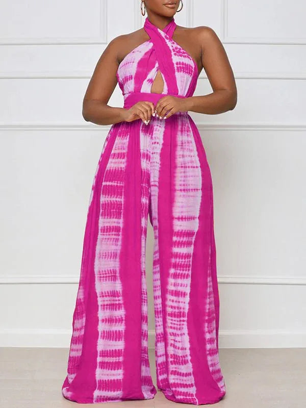 Women's Printed Halter Neck Sleeveless Wide-Leg Jumpsuit