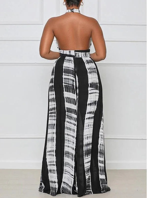 Women's Printed Halter Neck Sleeveless Wide-Leg Jumpsuit