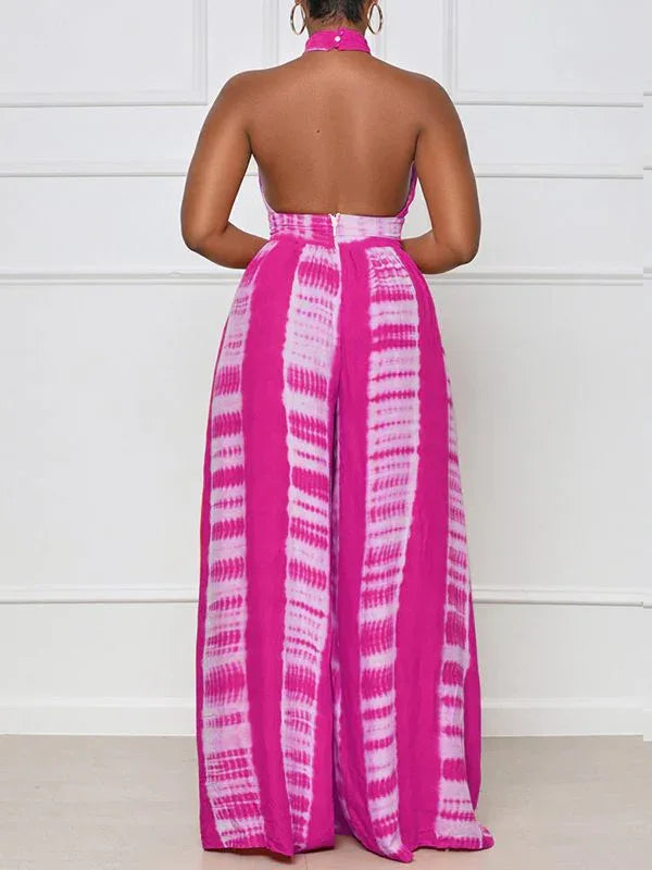 Women's Printed Halter Neck Sleeveless Wide-Leg Jumpsuit