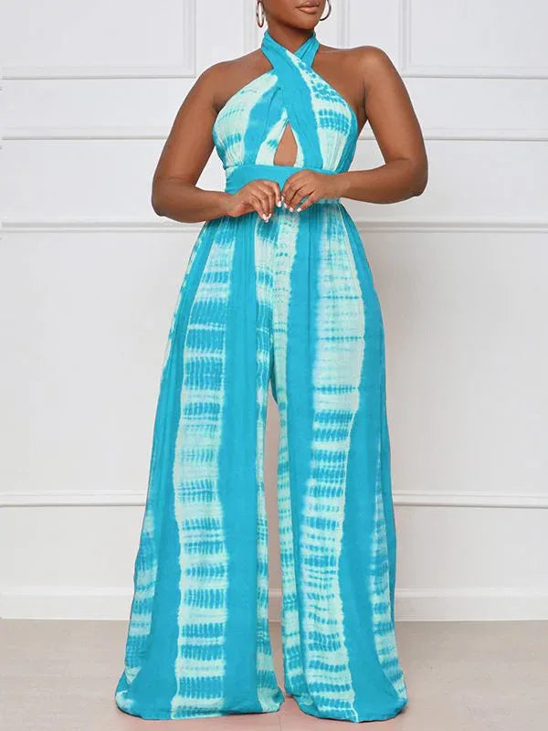 Women's Printed Halter Neck Sleeveless Wide-Leg Jumpsuit