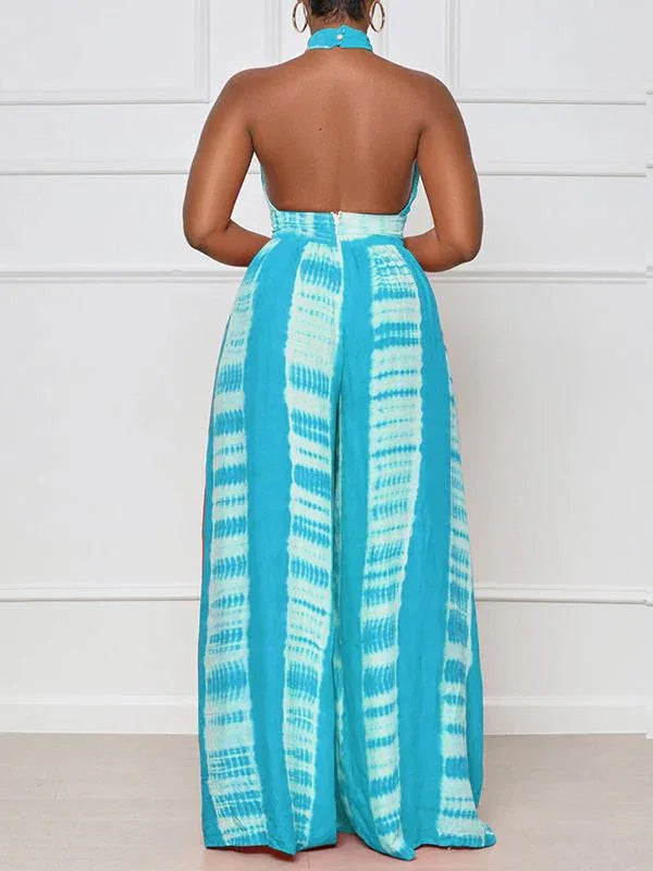 Women's Printed Halter Neck Sleeveless Wide-Leg Jumpsuit