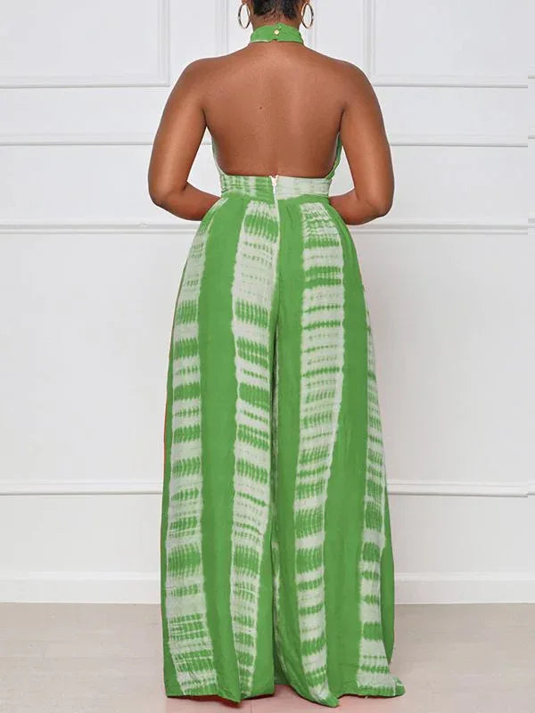 Women's Printed Halter Neck Sleeveless Wide-Leg Jumpsuit