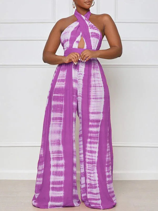 Women's Printed Halter Neck Sleeveless Wide-Leg Jumpsuit