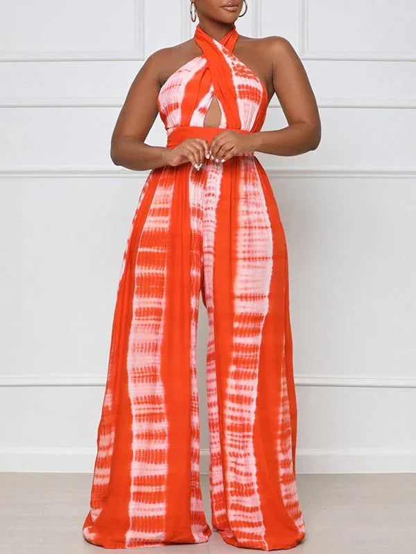 Women's Printed Halter Neck Sleeveless Wide-Leg Jumpsuit