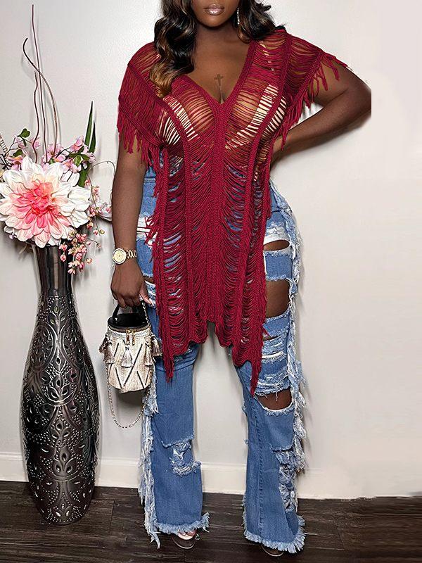 Women's Boho Fringe Sheer Mesh Long Tunic Top