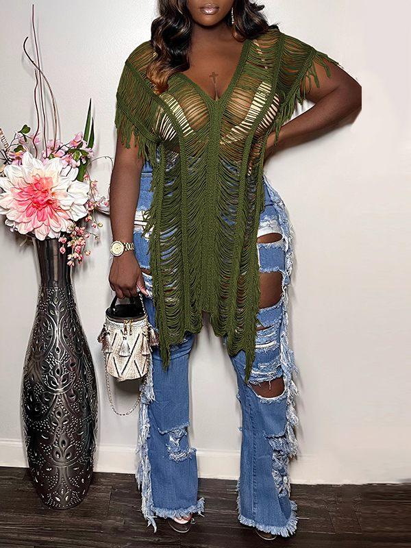 Women's Boho Fringe Sheer Mesh Long Tunic Top