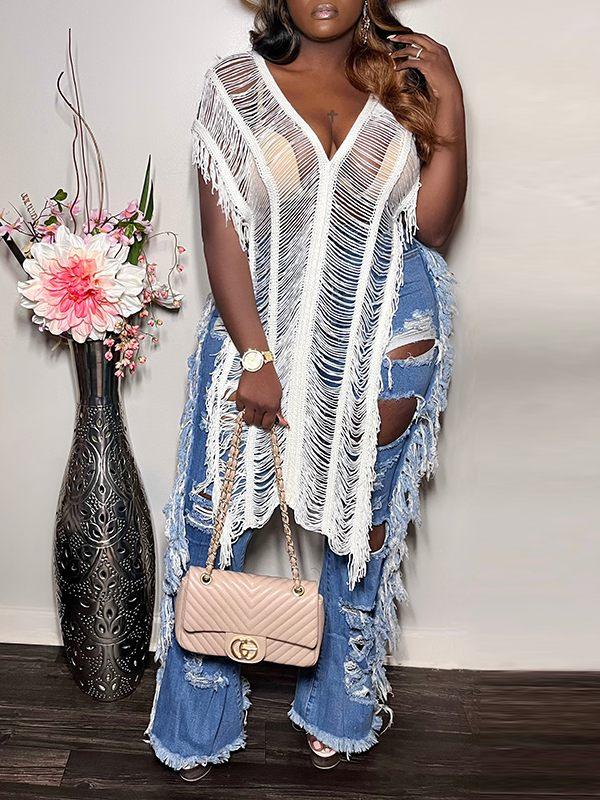 Women's Boho Fringe Sheer Mesh Long Tunic Top