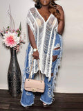Women's Boho Fringe Sheer Mesh Long Tunic Top