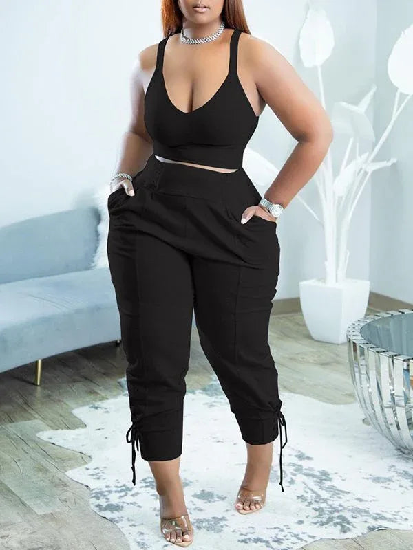 Women's Solid Sleeveless Tank Top & Lace-Up Pants Set