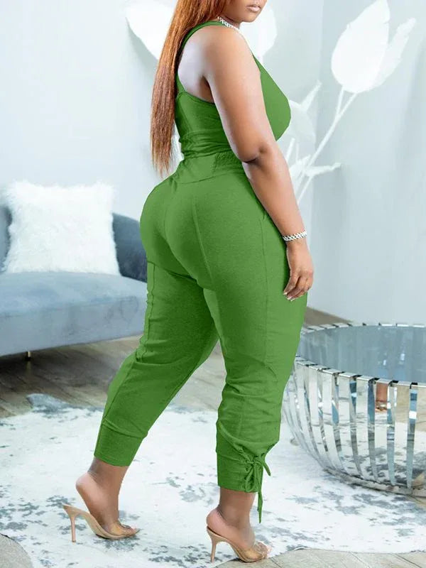 Women's Solid Sleeveless Tank Top & Lace-Up Pants Set