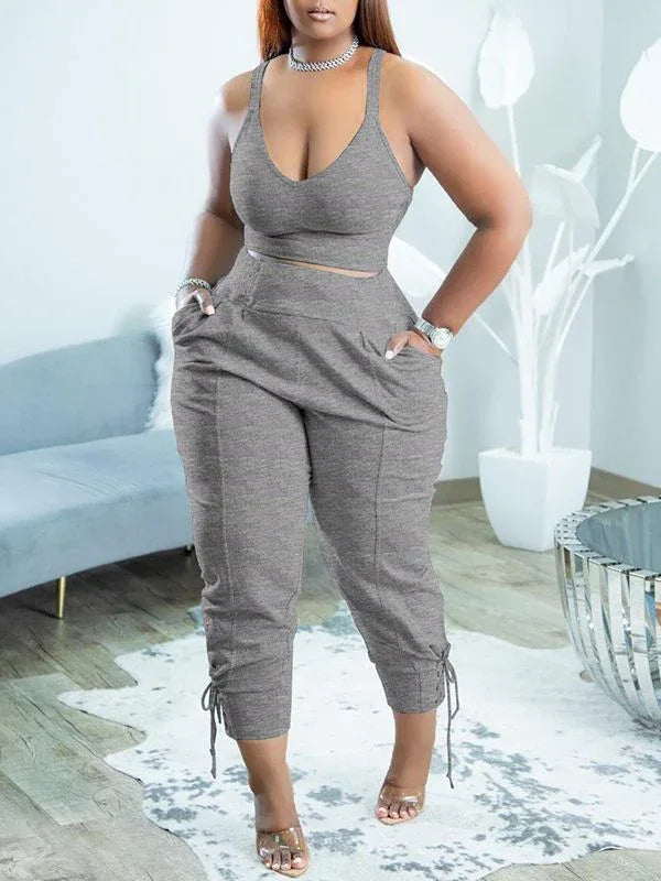 Women's Solid Sleeveless Tank Top & Lace-Up Pants Set