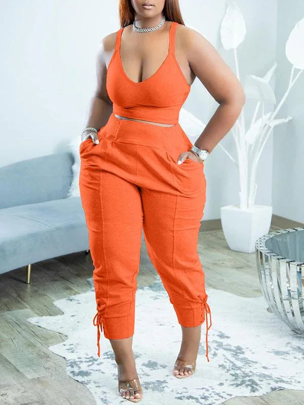 Women's Solid Sleeveless Tank Top & Lace-Up Pants Set