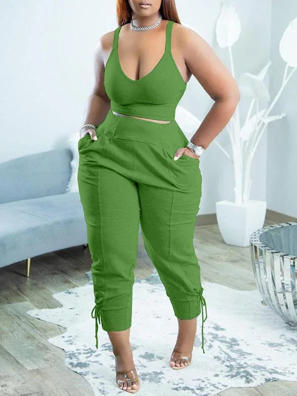 Women's Solid Sleeveless Tank Top & Lace-Up Pants Set