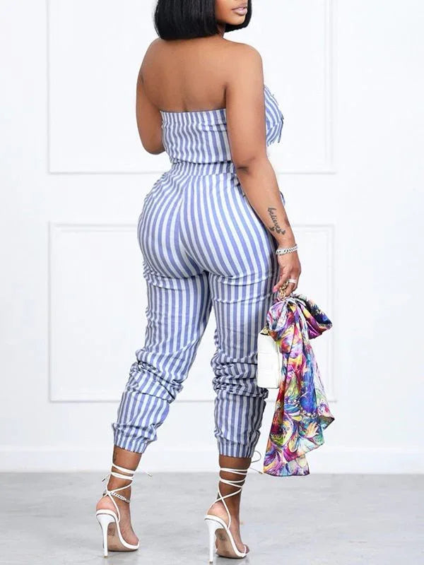 Women's Striped Strapless High-Waist Jumpsuit