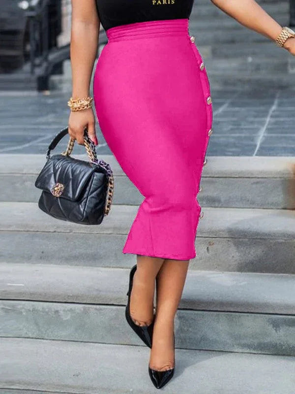 Women's Elegant Side-Button Bodycon Pencil Midi Skirt