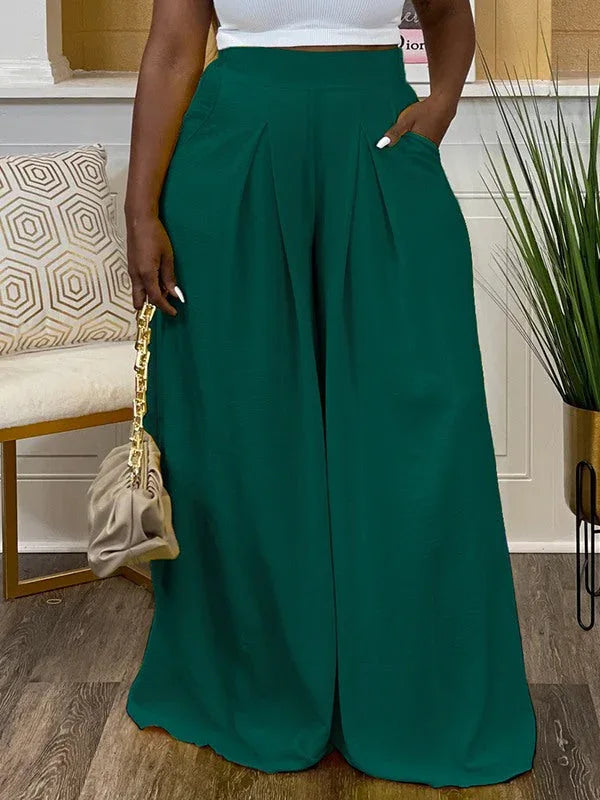 Women's Solid High-Waist Flowy Wide-Leg Trousers