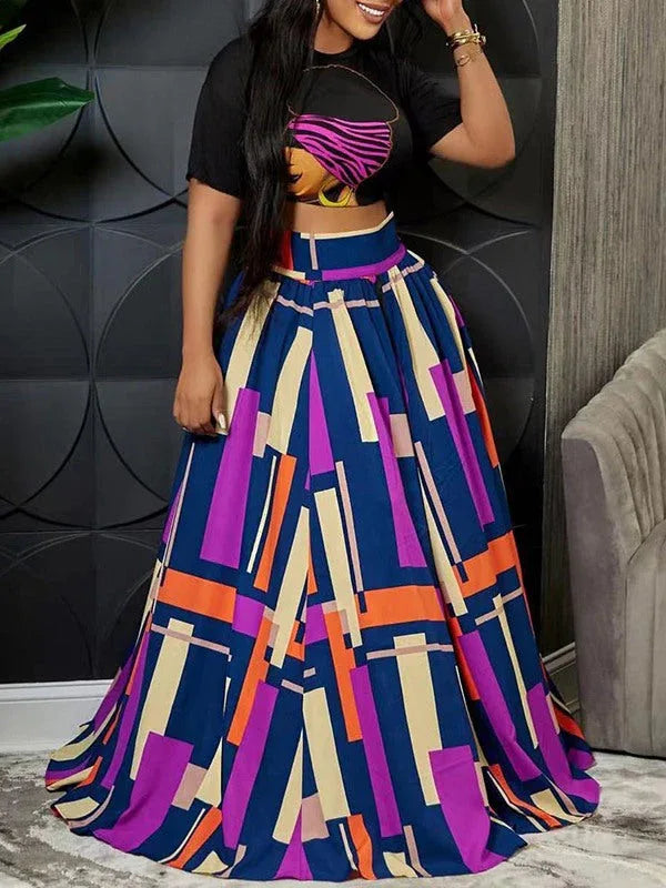 Women's Graphic Crop Top & Colorblock Side-Slit Skirt 2PC Set