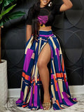Women's Graphic Crop Top & Colorblock Side-Slit Skirt 2PC Set