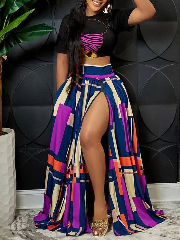 Women's Graphic Crop Top & Colorblock Side-Slit Skirt 2PC Set