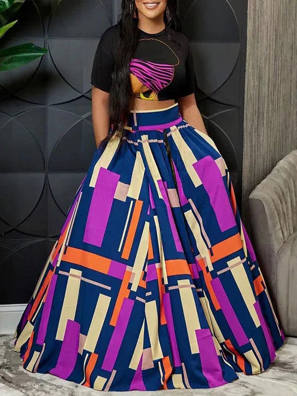 Women's Graphic Crop Top & Colorblock Side-Slit Skirt 2PC Set