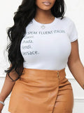 Women's White Logo-Print Casual Crew-Neck Tee