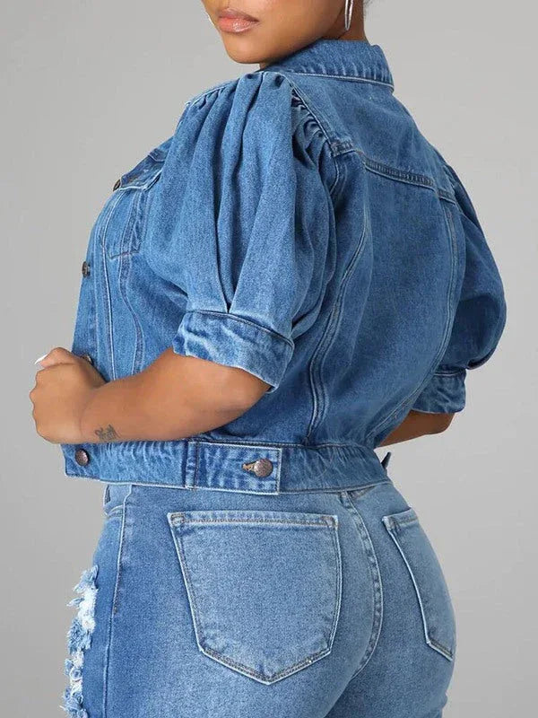 Women's Puff-Sleeve Classic Denim Jean Jacket