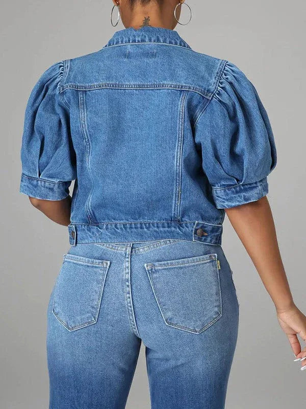 Women's Puff-Sleeve Classic Denim Jean Jacket
