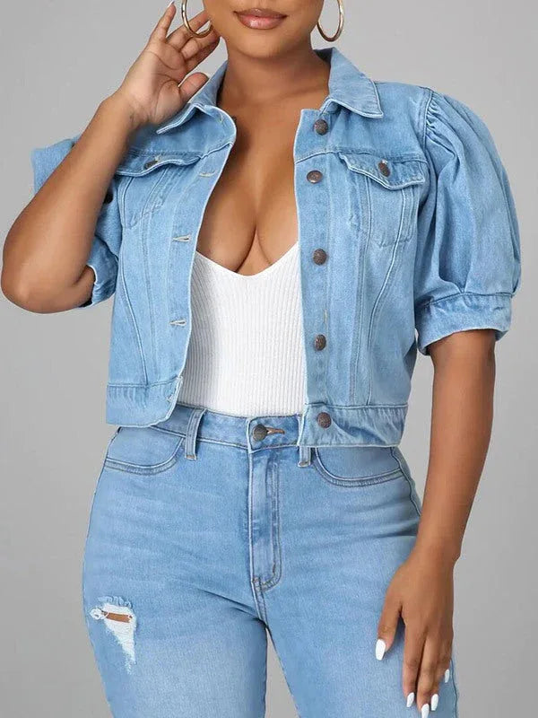 Women's Puff-Sleeve Classic Denim Jean Jacket