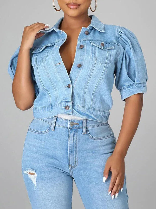 Women's Puff-Sleeve Classic Denim Jean Jacket