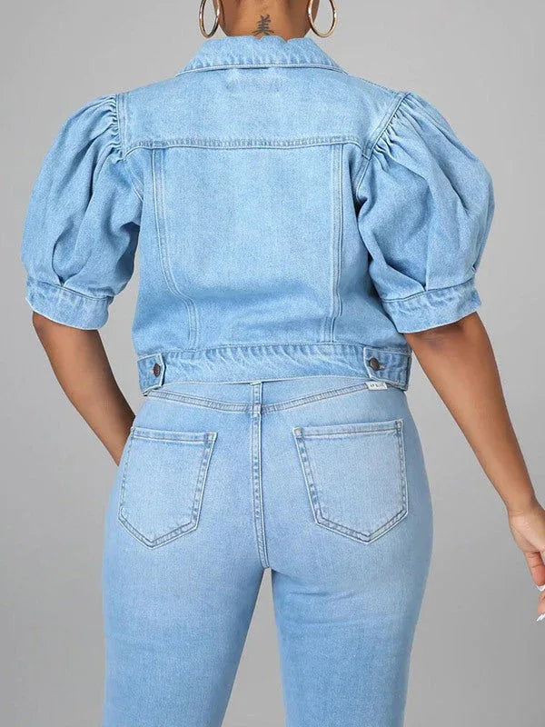 Women's Puff-Sleeve Classic Denim Jean Jacket