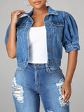 Women's Puff-Sleeve Classic Denim Jean Jacket