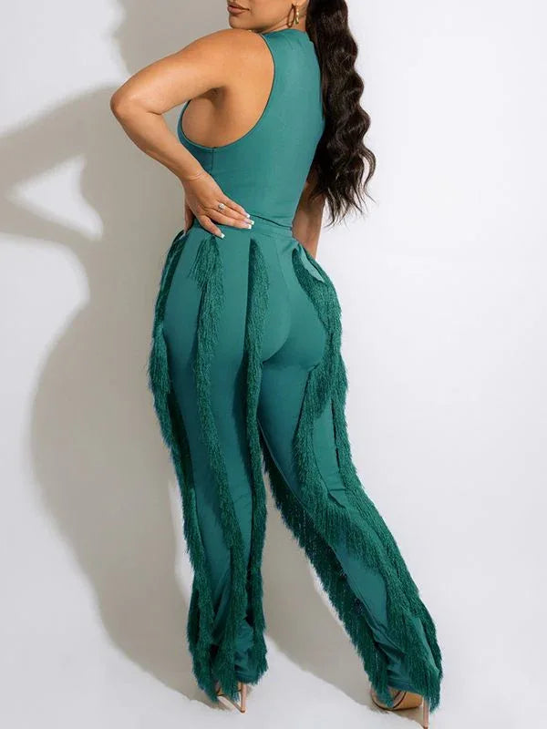 Women's Solid Sleeveless Tank Top & Boho Fringe Pants Set
