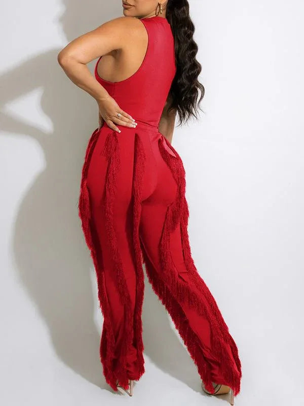 Women's Solid Sleeveless Tank Top & Boho Fringe Pants Set
