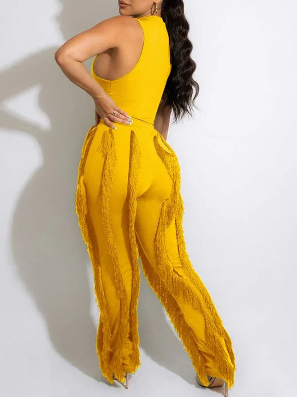 Women's Solid Sleeveless Tank Top & Boho Fringe Pants Set