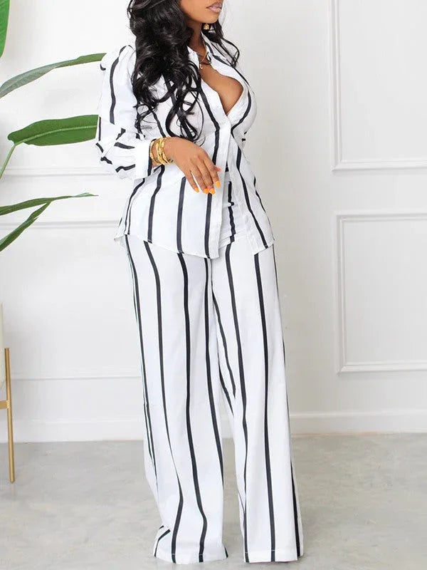 Women's Striped Button-Down Shirt & Wide-Leg Pants Set