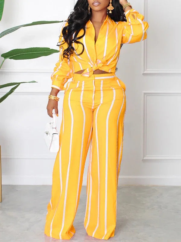 Women's Striped Button-Down Shirt & Wide-Leg Pants Set