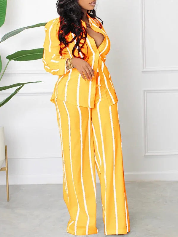 Women's Striped Button-Down Shirt & Wide-Leg Pants Set